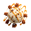 Vanilla ice cream scoop topped with caramel drizzle and pecans.